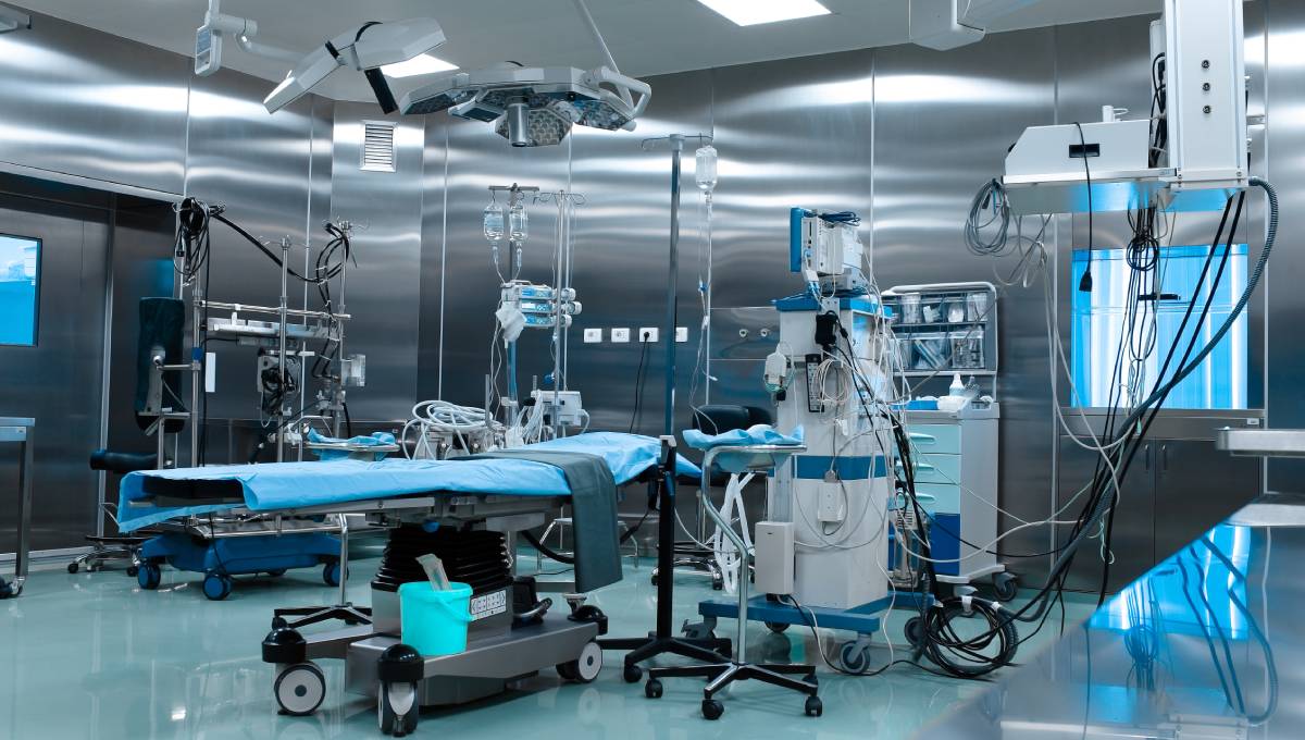 An organized and sterile operating room equipped for cardiac surgery, showcasing sophisticated medical instruments
