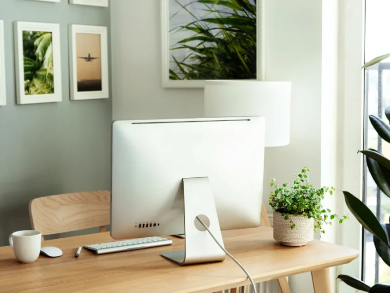 A home office with a computer, keyboard, and coffee mug on the desk. The walls have pictures, and a plant is in the corner.