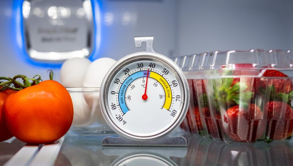 A thermometer in a refrigerator showing about 38 degrees Fahrenheit, next to strawberries, tomatoes, and eggs.