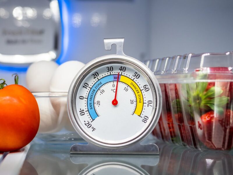 A thermometer in a refrigerator showing about 38 degrees Fahrenheit, next to strawberries, tomatoes, and eggs.