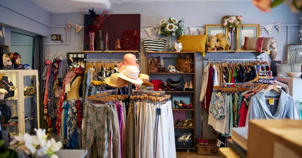 A periwinkle room with wood floors and several clothing racks filled with hanging clothes and accessories.