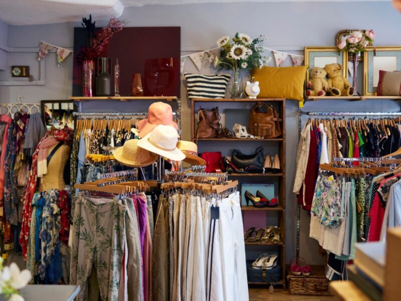 A periwinkle room with wood floors and several clothing racks filled with hanging clothes and accessories.