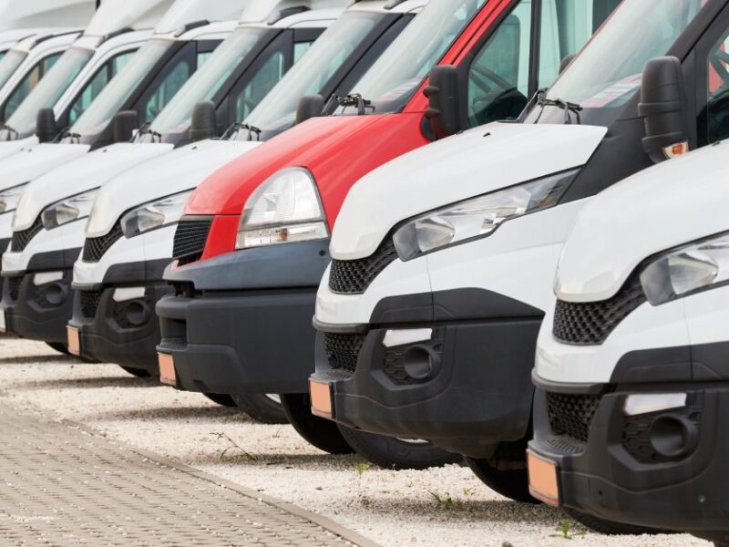 A row of parked commercial vans. They are all white, except for a single red van standing out among them on a paved lot.