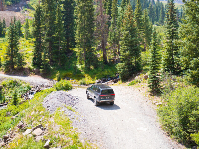 An off-roading vehicle parked on a well-cleared path surrounded by tall evergreens in Ouray, Colorado.